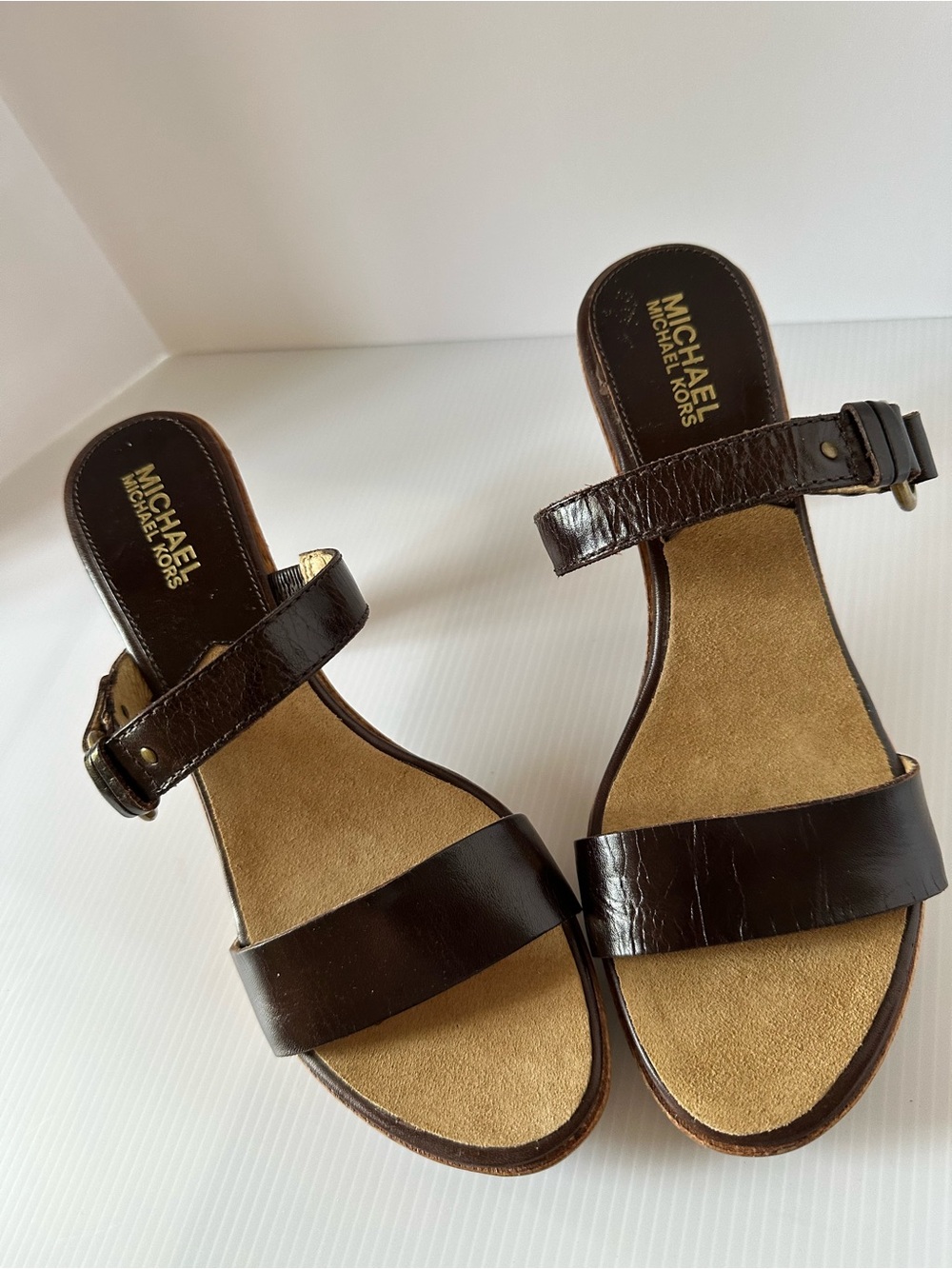 Michael Kors Brown Leather Wood Heel Slip-On Sandals NIB Women’s 7.5